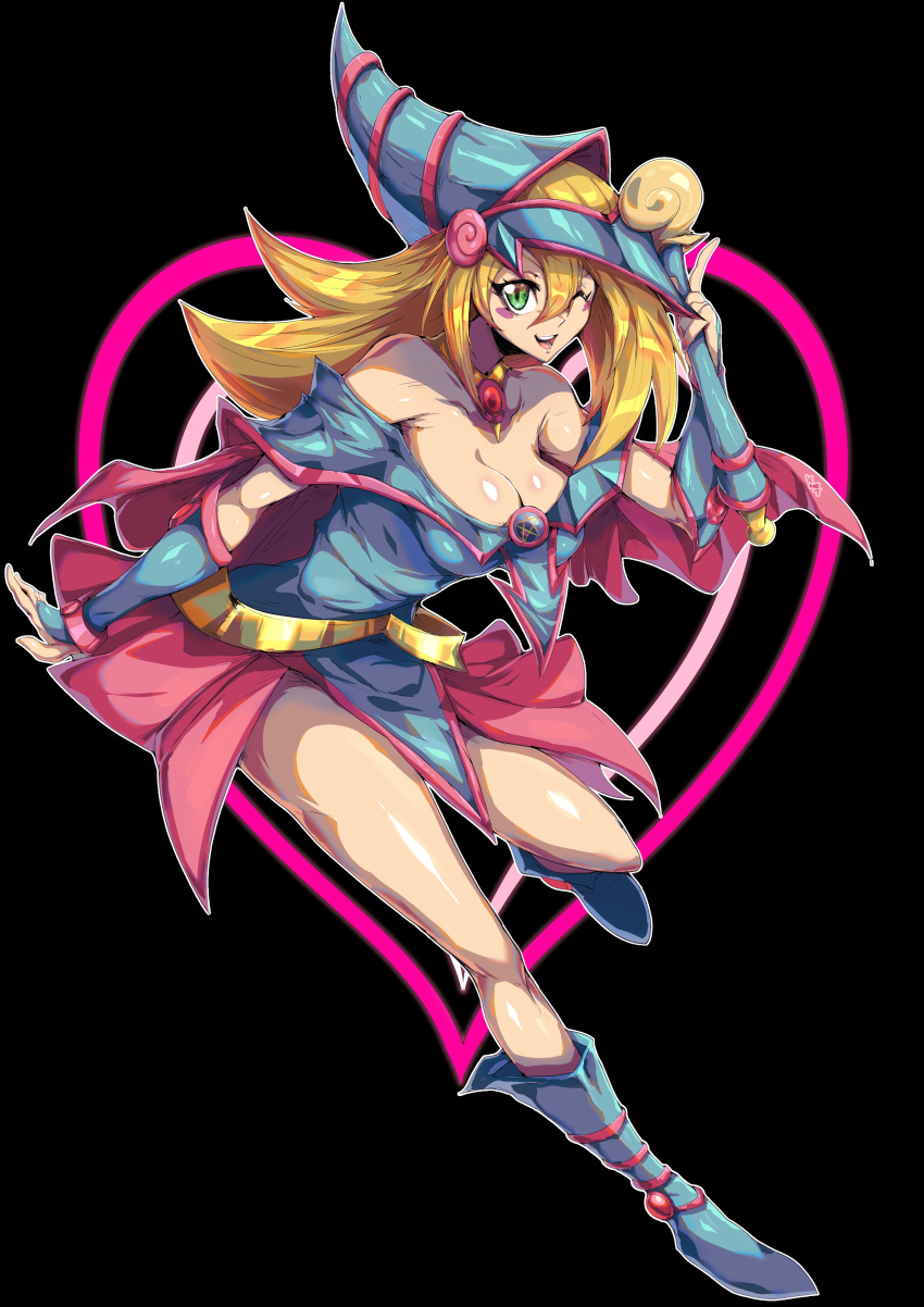 1girl absurdres bare_shoulders black_background blonde_hair blue_dress blue_footwear blush_stickers breasts cleavage dark_magician_girl dress duel_monster green_eyes hat heart highres large_breasts long_hair one_eye_closed pink_skirt simple_background skirt solo vincent_graphic_art witch witch_hat yu-gi-oh!