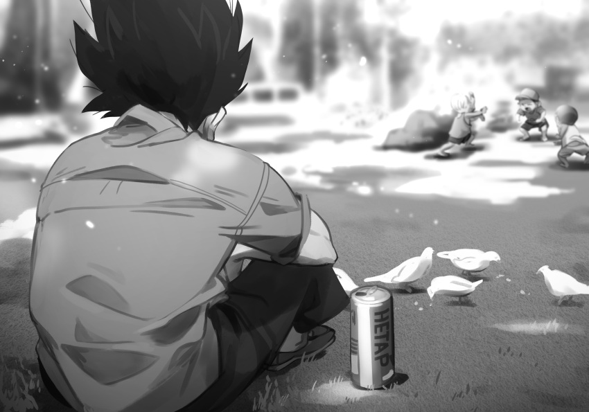 bird can commentary dragon_ball dragon_ball_z from_behind greyscale highres khyle. monochrome pants shirt sitting spiked_hair vegeta