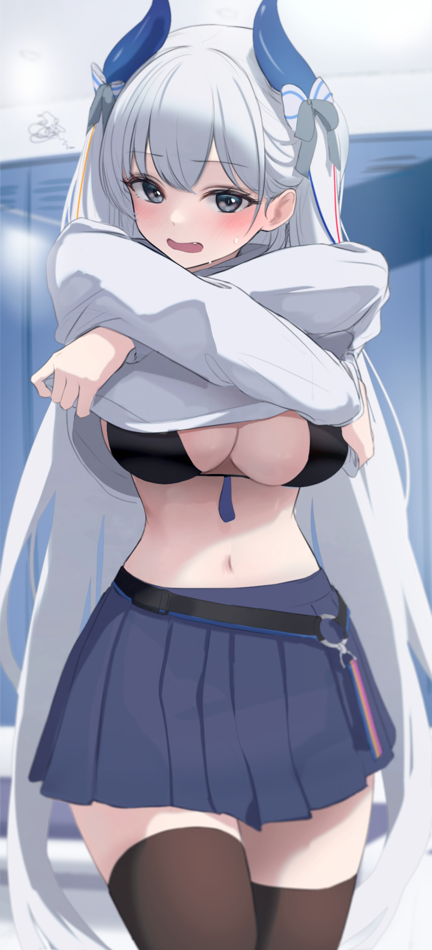 1girl absurdres azur_lane belt bikini bikini_under_clothes black_bikini blue_skirt blush bow breasts brown_thighhighs cleavage cowboy_shot crop_top crop_top_overhang cropped_hoodie fang g_home grey_eyes grey_hoodie hair_bow hands_up head_tilt highres hood hoodie horns large_breasts long_hair looking_at_viewer loose_belt midriff miniskirt navel official_alternate_costume open_mouth pleated_skirt skirt solo standing stomach string_bikini suffren_(azur_lane) suffren_(impulsive_incident)_(azur_lane) sweat swimsuit thighhighs undressing very_long_hair white_hair zettai_ryouiki