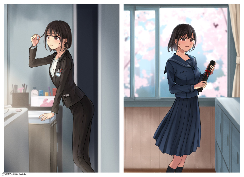 1girl absurdres badge black_hair black_sailor_collar brown_eyes cellphone cherry_blossoms commission graduation highres holding_diploma long_skirt original pant_suit pants phone pixiv_commission sailor_collar school school_uniform setu_kurokawa short_hair skirt smartphone solo suit