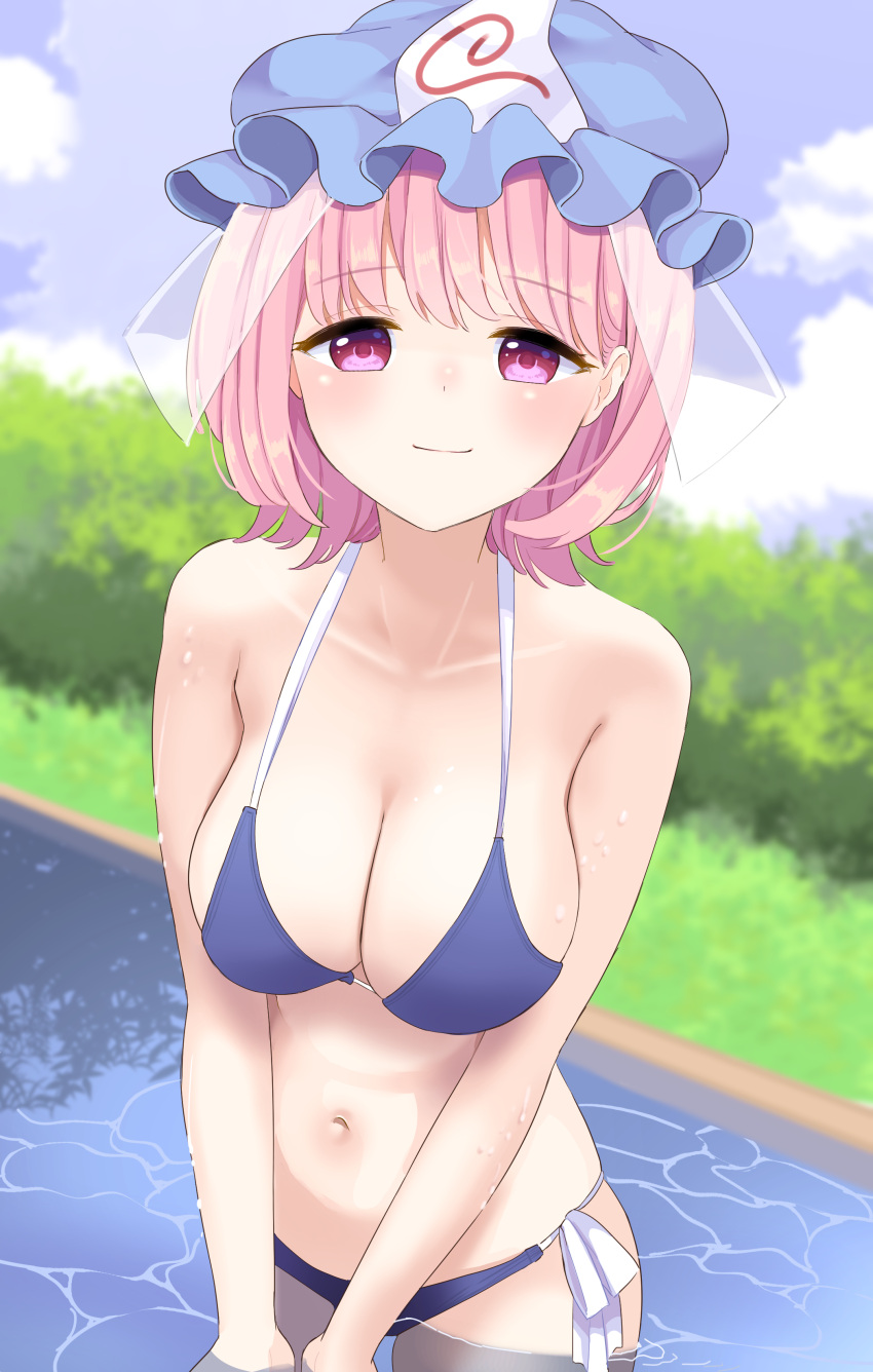 1girl absurdres bangs bare_shoulders bikini blue_bikini blue_bra blue_panties blue_sky bra breasts bush closed_mouth cloud cloudy_sky eyebrows_visible_through_hair grass highres looking_at_viewer medium_breasts navel ocean panties pink_eyes pink_hair saigyouji_yuyuko short_hair sky smile solo standing stigma1101 swimsuit touhou underwear water