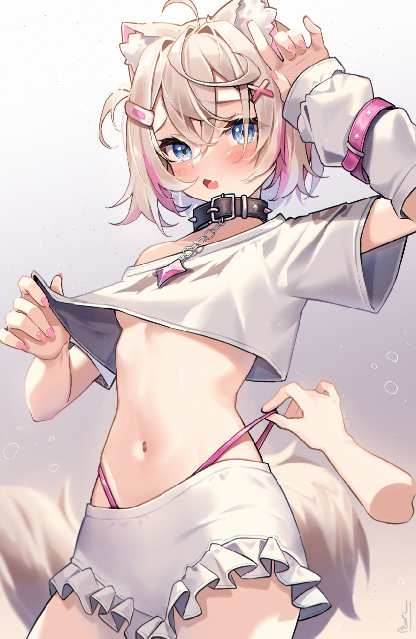 1girl absurdres ahoge animal_ear_fluff animal_ears arm_up blonde_hair blue_eyes blush breasts clothes_lift collar crop_top disembodied_limb dog_ears dog_girl dog_tail fang hair_ornament hairclip highleg highleg_panties highres hololive hololive_english kuri_(animejpholic) lifted_by_self midriff mococo_abyssgard nail_polish navel off_shoulder open_mouth panties panty_pull pink_panties pulling_another's_clothes shirt shirt_lift short_hair short_shorts shorts small_breasts stomach tail underwear white_shirt white_shorts