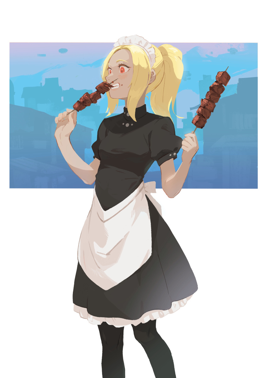 1girl absurdres apron blonde_hair breasts dark-skinned_female dark_skin domodesu dress eating food gravity_daze highres kebab kitten_(gravity_daze) long_hair maid maid_apron maid_headdress pantyhose red_eyes solo