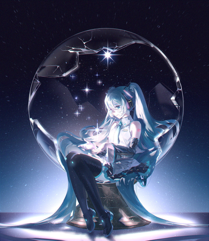 1girl bare_shoulders black_skirt blue_background blue_eyes blue_hair blue_necktie boots broken collared_shirt crack cracked_glass cupping_hands detached_sleeves full_body gradient_background grey_shirt hair_between_eyes hair_ornament hamuna_(hamuna_86) hatsune_miku headphones highres long_hair miniskirt nail_polish necktie own_hands_together pleated_skirt profile shirt shoulder_tattoo sitting skirt smile snow_globe solo sparkle starry_background tattoo thigh_boots thighhighs twintails very_long_hair vocaloid zettai_ryouiki