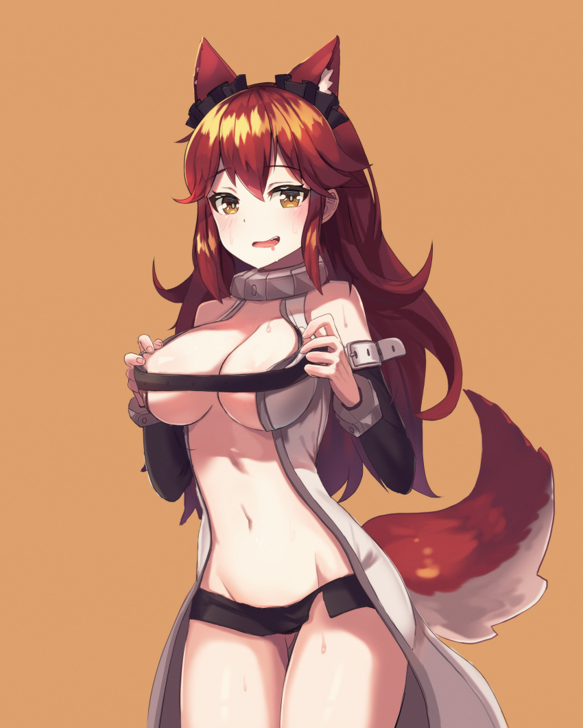 1girl :d absurdres animal_ears ass_visible_through_thighs bare_shoulders black_skirt blush breasts cleavage cowboy_shot detached_sleeves drooling fenrir_(last_origin) groin highres large_breasts last_origin long_hair long_sleeves looking_at_viewer microskirt mouth_drool navel open_mouth orange_background orange_eyes red_hair revealing_clothes side_slit simple_background skirt smile solo stomach sweat tail thighs wolf_ears wolf_girl wolf_tail woogi_(duguddnr)