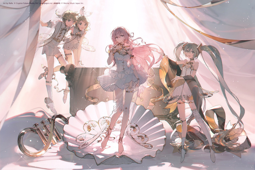 2boys 2girls :d bare_shoulders black_choker blonde_hair blue_eyes blue_hair bow choker curtains dress floating_hair full_body gramophone_len gramophone_luka gramophone_miku gramophone_rin hair_between_eyes hair_bow hair_ornament hand_on_own_chest hatsune_miku high_heels highres kagamine_len kagamine_rin light_rays long_hair long_sleeves looking_at_viewer megurine_luka miku_symphony_(vocaloid) multiple_boys multiple_girls official_art open_mouth pink_hair pleated_dress rella shirt short_dress short_hair shorts sidelocks single_thighhigh smile socks strapless strapless_dress the_birth_of_venus thighhighs twintails very_long_hair vocaloid white_bow white_dress white_shirt white_shorts white_socks white_thighhighs