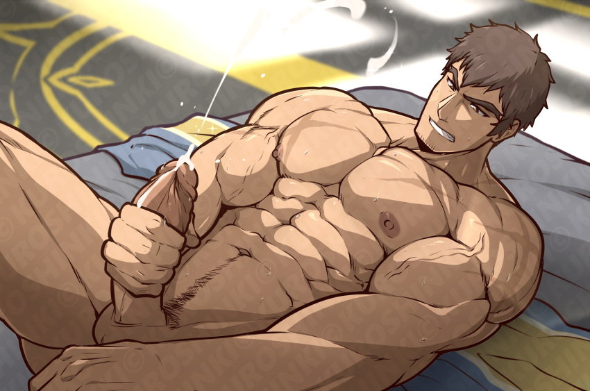1boy abs ass_visible_through_thighs bara brown_hair clenched_teeth completely_nude cum dark-skinned_male dark_skin davion_(dota:dragon's_blood) dota:dragon's_blood ejaculation erection facial_hair forked_eyebrows from_side goatee highres kuroshinki large_pectorals lying male_focus male_masturbation male_pubic_hair masturbation muscular muscular_male navel navel_hair nipples nude on_back pectorals penis projectile_cum pubic_hair scar scar_on_chest short_hair sideburns solo sparkle stomach stubble teeth thick_thighs thighs uncensored veins