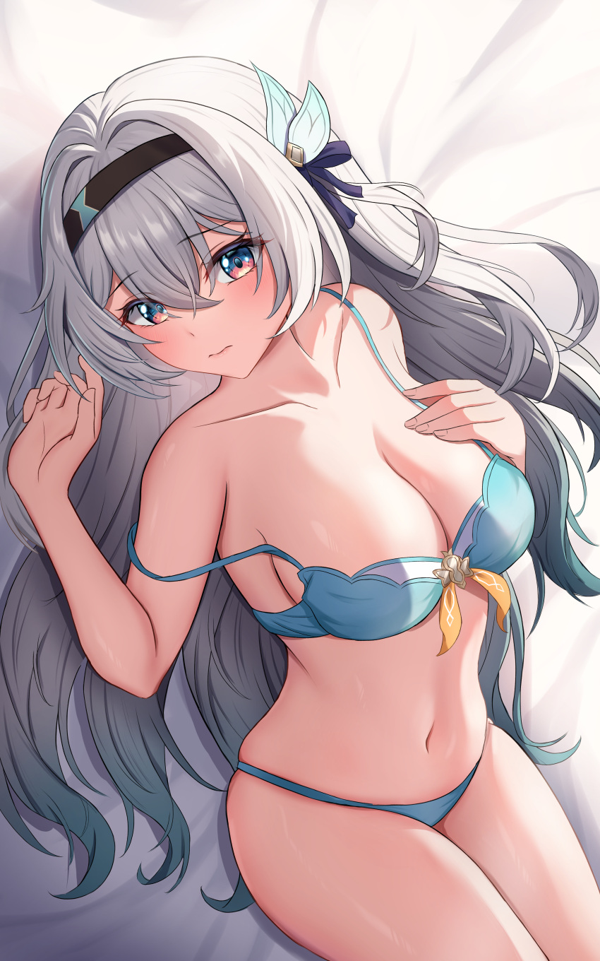 1girl absurdres aqua_bra aqua_panties bare_arms bare_shoulders bed_sheet black_hairband bra collarbone commentary_request cowboy_shot firefly_(honkai:_star_rail) grey_hair hair_ornament hairband hand_on_own_chest highres honkai:_star_rail honkai_(series) long_hair looking_at_viewer lying navel on_back panties shouhaku0512 smile solo stomach thighs underwear underwear_only very_long_hair