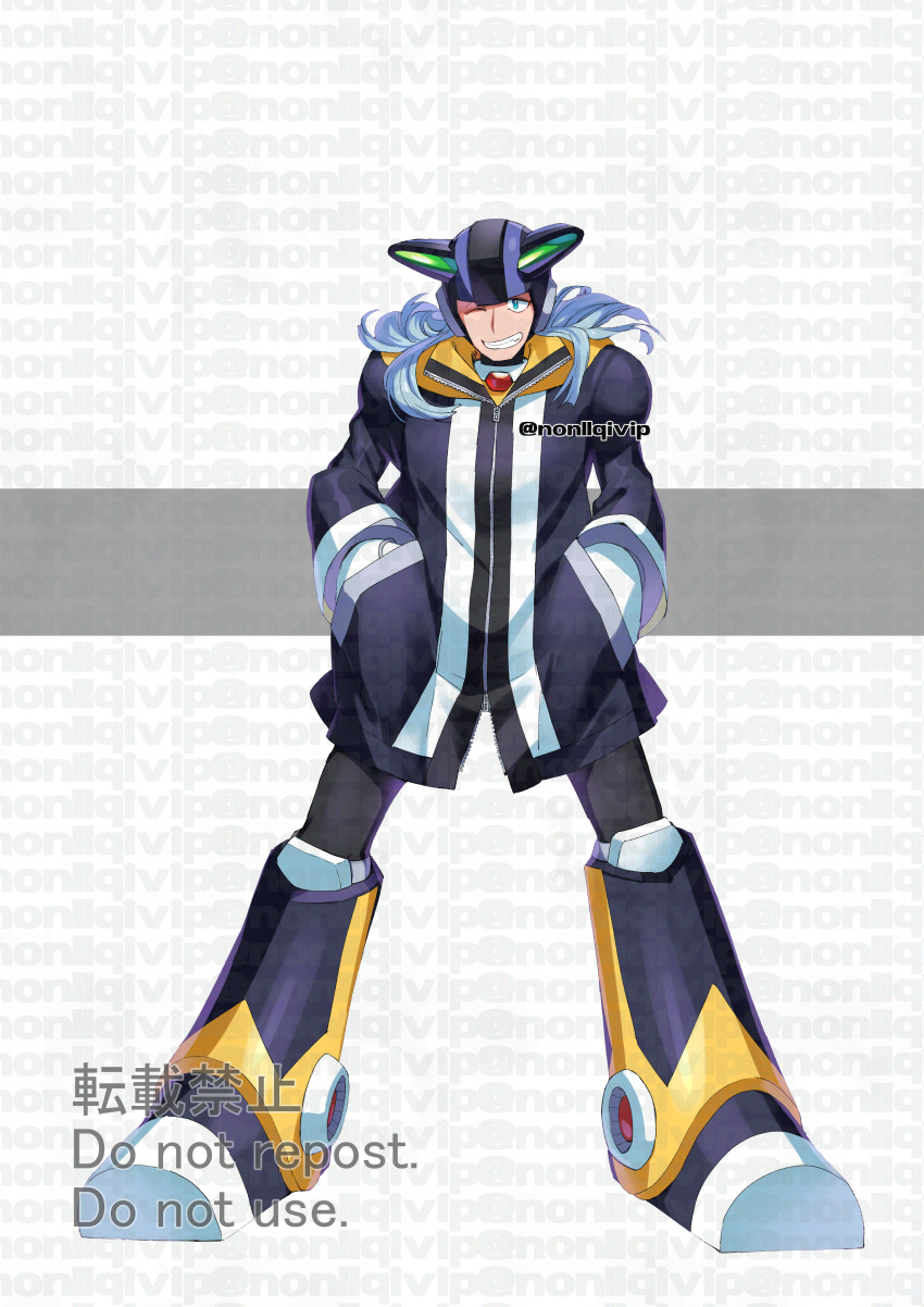 1boy absurdres alternate_costume android black_footwear black_headwear black_jacket blue_eyes blue_hair boots dynamo_(mega_man) hands_in_pockets helmet highres jacket light_blue_hair long_hair mega_man_(series) mega_man_x_(series) one_eye_closed simple_background solo twitter_username watermark white_background yamanashi_taiki