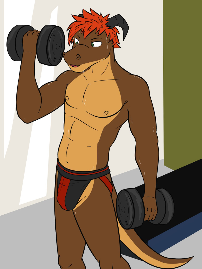 anthro athletic bodily_fluids bulge clothed clothing dragon dumbbell european_mythology exercise fuze hi_res jockstrap jockstrap_only magma_(fuze) male mythological_creature mythological_scalie mythology navel nipples scalie solo sweat topless underwear underwear_only weightlifting weights western_dragon workout