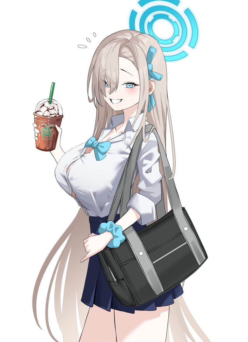 1girl absurdres asuna_(blue_archive) bag black_skirt blue_archive blue_bow blue_bowtie blue_eyes blue_halo blue_ribbon blue_scrunchie blush bow bowtie breasts cleavage cowboy_shot dori_(choejeongmin7) drink drinking_straw grin hair_ribbon halo highres holding holding_drink large_breasts light_brown_hair long_hair pleated_skirt ribbon school_bag scrunchie simple_background skirt smile solo white_background wrist_scrunchie