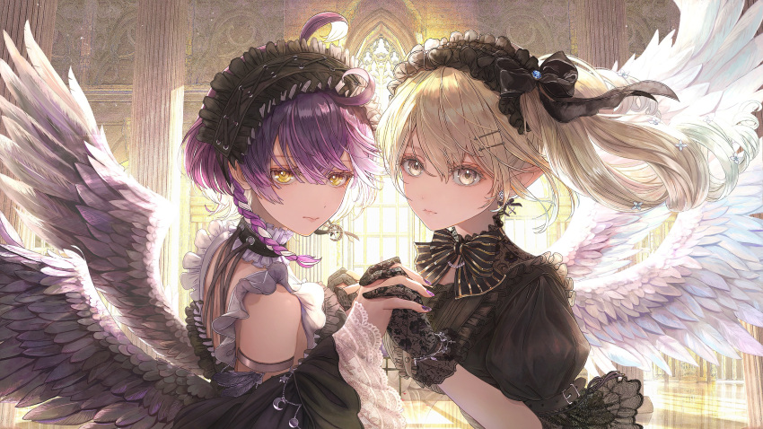 2girls absurdres black_dress black_gloves black_wings blonde_hair bow bowtie braid center_frills choker dress drill_hair feathered_wings frilled_choker frilled_headband frills gloves hair_between_eyes hair_ornament hairband hairclip highres holding_hands indie_virtual_youtuber interlocked_fingers lace lace_gloves lace_sleeves lolita_hairband long_sleeves looking_at_viewer multiple_girls nakauma nanase_eru pointy_ears puffy_short_sleeves puffy_sleeves purple_hair short_sleeves single_braid striped_bow striped_bowtie striped_clothes tsukiyoi_avi twin_drills twintails virtual_youtuber white_wings wings yellow_eyes