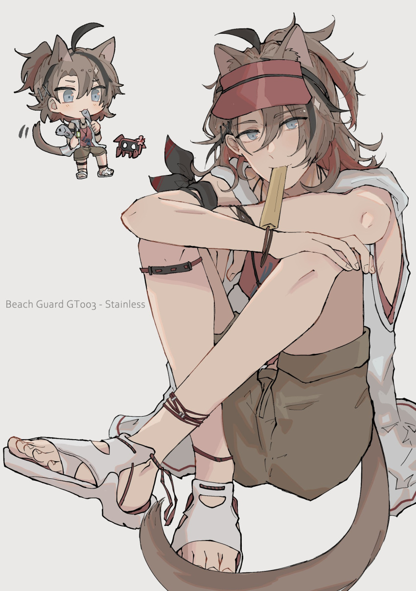 1boy absurdres ahoge animal_ear_fluff animal_ears arknights armband aryo_77c black_hair blue_eyes bracelet brown_hair brown_shorts cat_boy cat_ears cat_tail chibi chibi_inset colored_inner_hair commentary crossed_arms english_text food_in_mouth highres hugging_own_legs jacket jewelry knees_up looking_at_viewer male_focus multicolored_hair red_hair red_shirt robot sandals shirt short_hair shorts sleeveless sleeveless_jacket solo stainless_(arknights) stainless_(beach_guard)_(arknights) streaked_hair tail tank_top toeless_footwear whistle white_footwear white_jacket