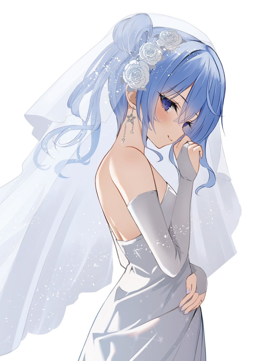 1girl alternate_costume asymmetrical_hair backless_dress backless_outfit blue_eyes blue_hair blue_nails blush breasts bridal_gauntlets bridal_veil closed_mouth commentary cowboy_shot dangle_earrings dress earrings english_commentary eyelashes flower from_side gloves hair_between_eyes hair_bun hair_flower hair_ornament highres hololive hoshimachi_suisei jewelry light_blue_hair looking_at_viewer medium_hair nail_polish ponytail profile rose simple_background single_side_bun small_breasts smile solo standing star_(symbol) star_earrings strapless strapless_dress totuoooo1015 veil virtual_youtuber wedding_dress white_background white_dress white_flower white_gloves white_rose white_veil