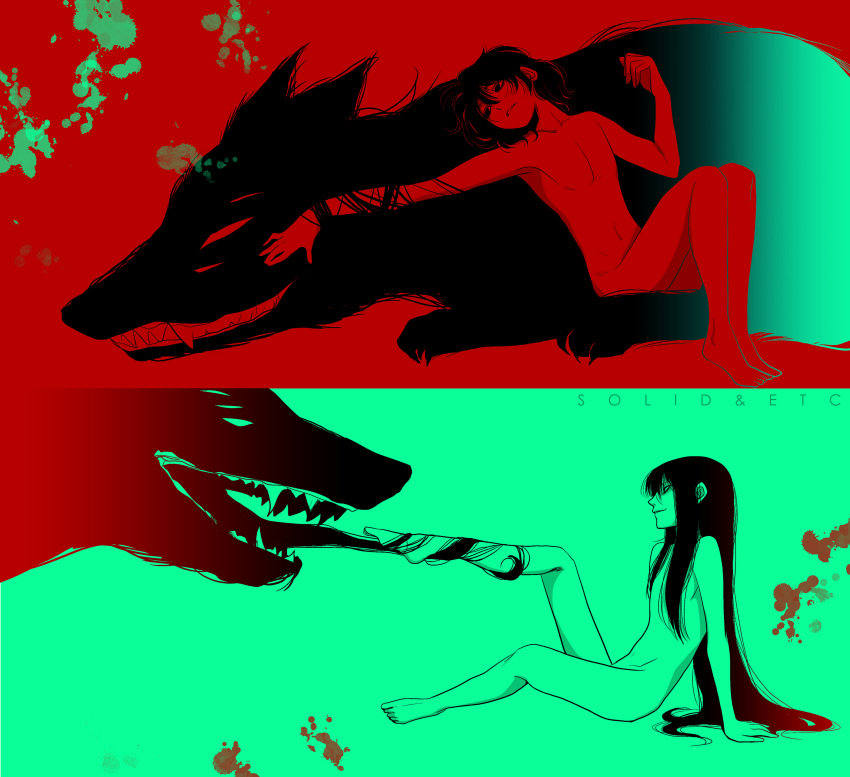 1boy 1girl absurdres alucard_(hellsing) androgynous arm_support artist_name completely_nude dual_persona flat_chest girlycard hellsing highres limited_palette long_hair medium_hair nude sharp_teeth sitting teeth tongue tongue_out toshimichi_yukari very_long_hair wolf