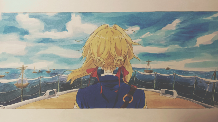 1girl blonde_hair blue_jacket blue_sky braid braided_bun character_request check_character check_copyright chinese_commentary cloud colored_pencil_(medium) commentary_request copyright_request double_bun facing_away from_behind hair_bun hair_intakes hair_ribbon highres jacket medium_hair nanzhu801_(noraaaaa) o-ring ocean outdoors photo_(medium) red_ribbon ribbon scenery ship sky solo traditional_media violet_evergarden violet_evergarden_(series) watercraft wind