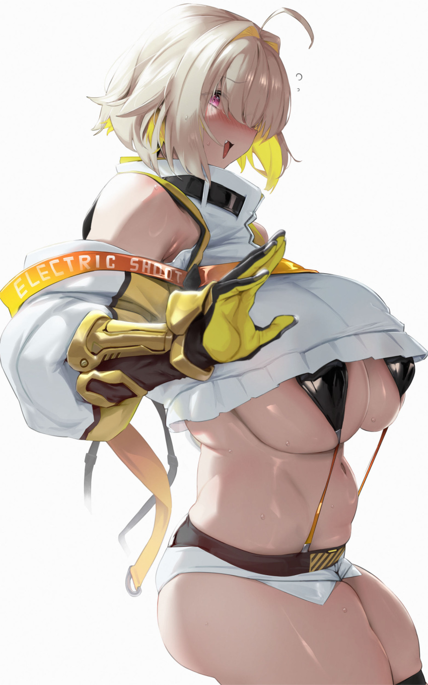 1girl absurdres ahoge arm_guards belt bikini bikini_under_clothes black_bikini blonde_hair blush breasts clothing_cutout crop_top crop_top_overhang cropped_sweater elegg_(nikke) gloves goddess_of_victory:_nikke hair_intakes hair_over_eyes highres kurowa large_breasts long_bangs long_sleeves micro_shorts midriff navel open_mouth plump purple_eyes shorts shoulder_cutout smile solo stomach sweater swimsuit thighs v white_shorts white_sweater