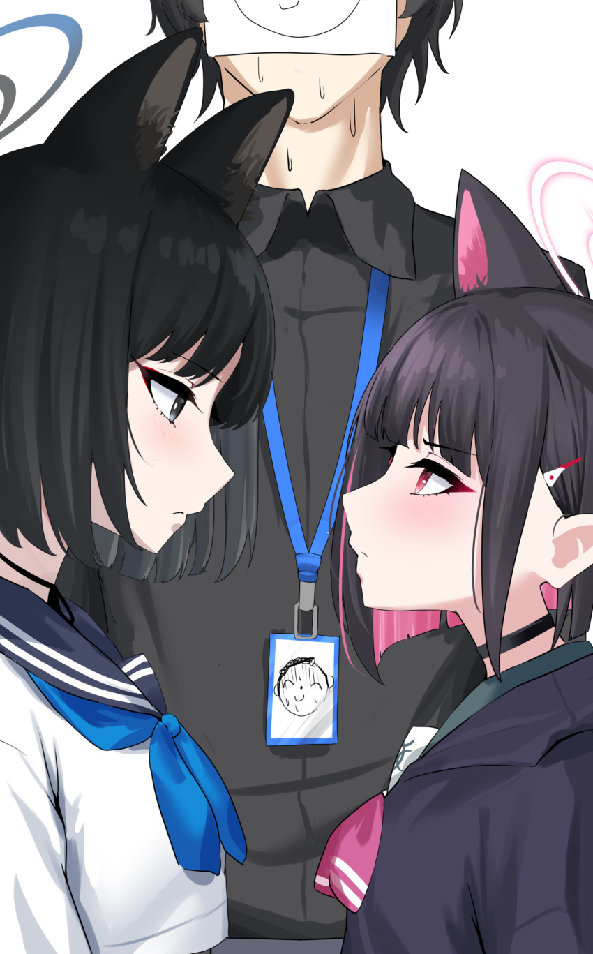 1boy 2girls animal_ears black_choker black_eyes black_hair black_jacket black_shirt blue_archive blue_neckerchief blue_sailor_collar cat_ears cat_girl choker collared_shirt colored_inner_hair doodle_sensei_(blue_archive) hair_ornament hairclip halo highres jacket kazusa_(blue_archive) kikyou_(blue_archive) lanyard looking_at_another multicolored_hair multiple_girls neckerchief nichijo pink_eyes pink_hair pink_neckerchief sailor_collar school_uniform sensei_(blue_archive) serafuku shirt short_hair sidelocks sweat upper_body white_background white_serafuku