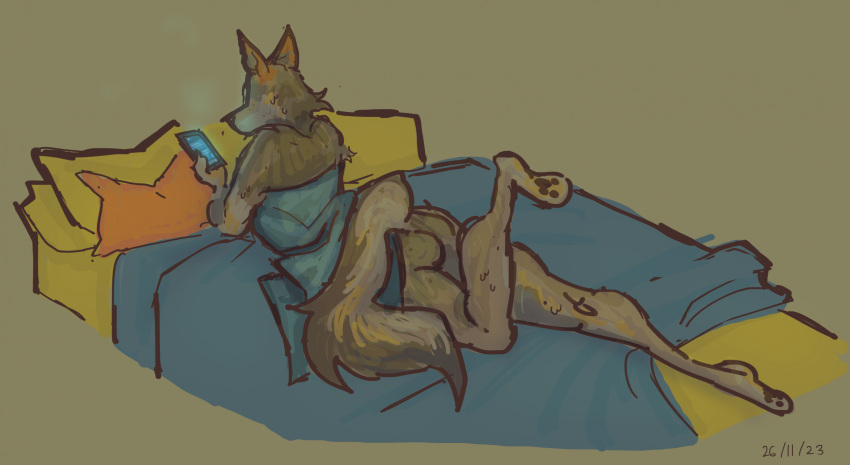 2023 anthro bare_butt barefoot bed bedding black_nose blanket blue_blanket blue_clothing blue_dress brown_body brown_fur brown_tail butt canid canine canis cellphone cheek_tuft clothing colored dated digital_drawing_(artwork) digital_media_(artwork) dress electronics facial_tuft feet female flockdog fur furniture hi_res holding_object inside long_tail looking_at_cellphone looking_at_object looking_at_phone lying mammal multicolored_body multicolored_fur on_front orange_pillow pawpads paws phone pillow simple_background solo tail tuft wolf yellow_bedding yellow_pillow