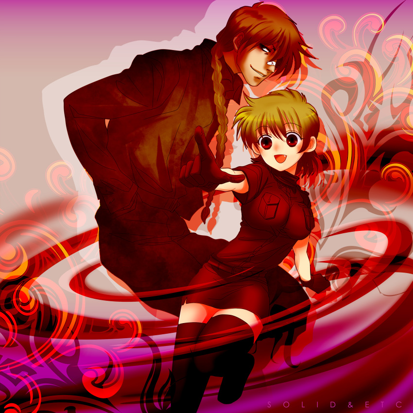 1boy 1girl absurdres artist_name bandaid bandaid_on_face bandaid_on_nose blonde_hair braid braided_ponytail breasts brown_hair brown_thighhighs dress gloves hair_over_shoulder hands_in_pockets hellsing highres large_breasts open_mouth pip_bernardotte pointing red_dress red_eyes red_gloves seras_victoria short_dress smile thighhighs toshimichi_yukari zettai_ryouiki