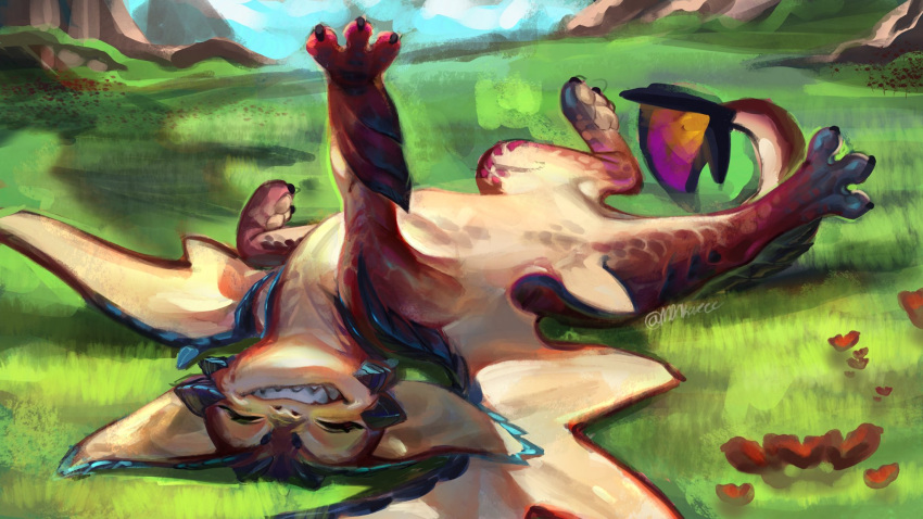 dragon eyes_closed feral flower grass hi_res league_of_legends lying male membrane_(anatomy) membranous_wings monkae mythological_creature mythological_scalie mythology on_back open_mouth open_smile outside paws plant red_body riot_games scalie smile smiling_at_viewer smolder_(lol) solo stretching stretching_arms tail teeth wings
