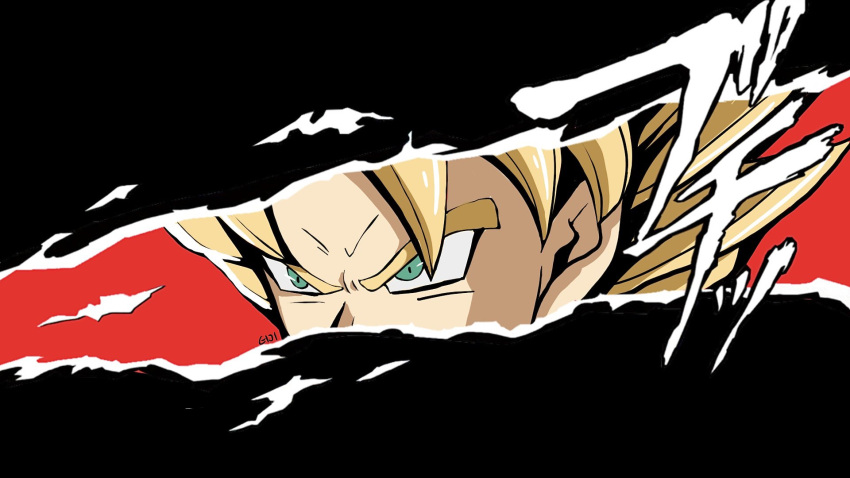 black_background blonde_hair close-up dragon_ball dragon_ball_z eiji_nochi green_eyes highres parody persona persona_5 persona_eyes red_background simple_background son_goku sound_effects spiked_hair style_parody super_saiyan super_saiyan_1