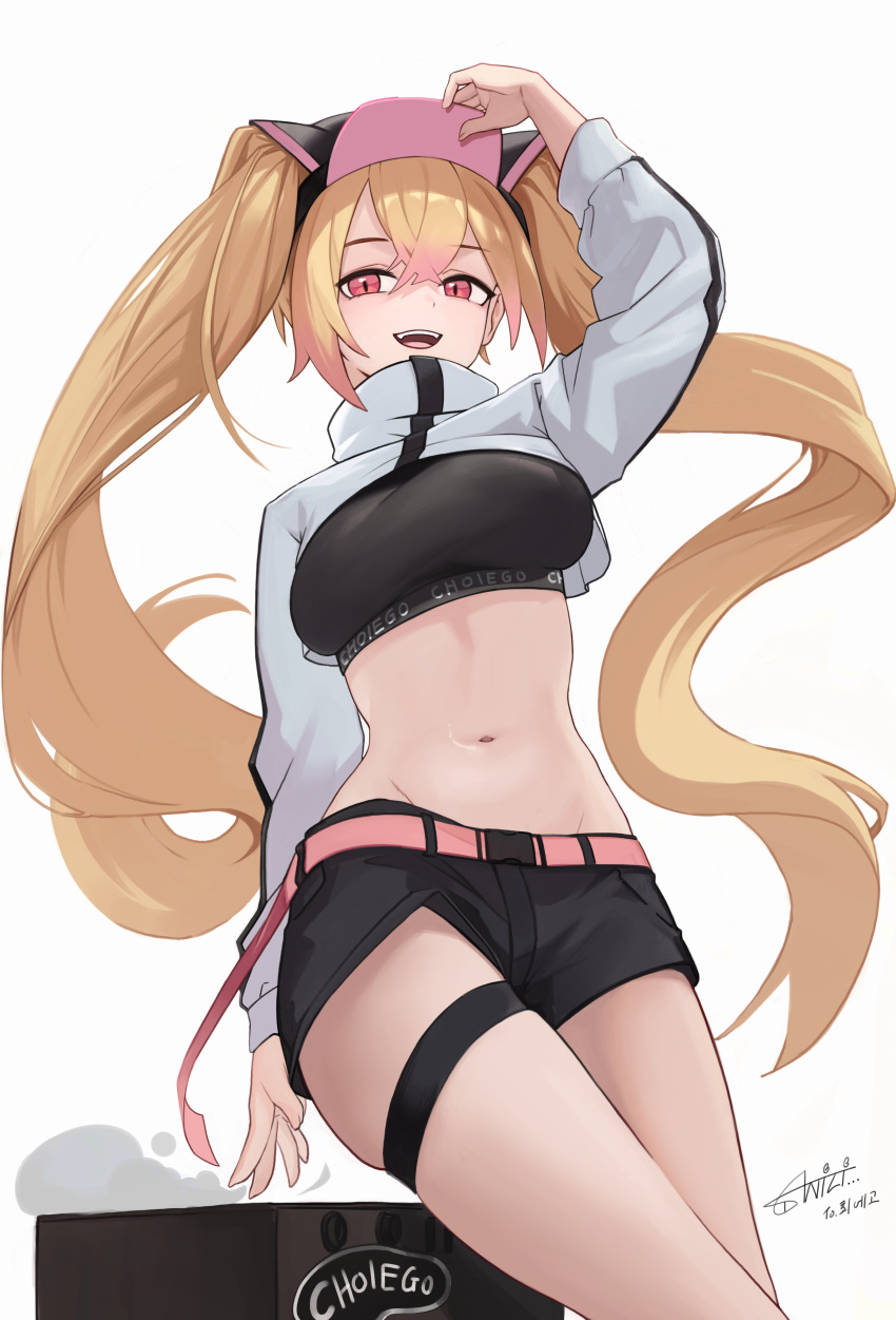 1girl absurdres animal_ear_headwear anizi arm_up baseball_cap belt black_headwear black_shirt black_shorts blonde_hair breasts choi_ego commission cowboy_shot crop_top crop_top_overhang hair_through_headwear hand_on_headwear hat high_collar highres large_breasts long_hair long_sleeves looking_at_viewer midriff navel open_mouth original red_eyes second-party_source shirt short_shorts shorts shrug_(clothing) simple_background skindentation smile solo standing stomach thigh_strap thighs twintails very_long_hair white_background
