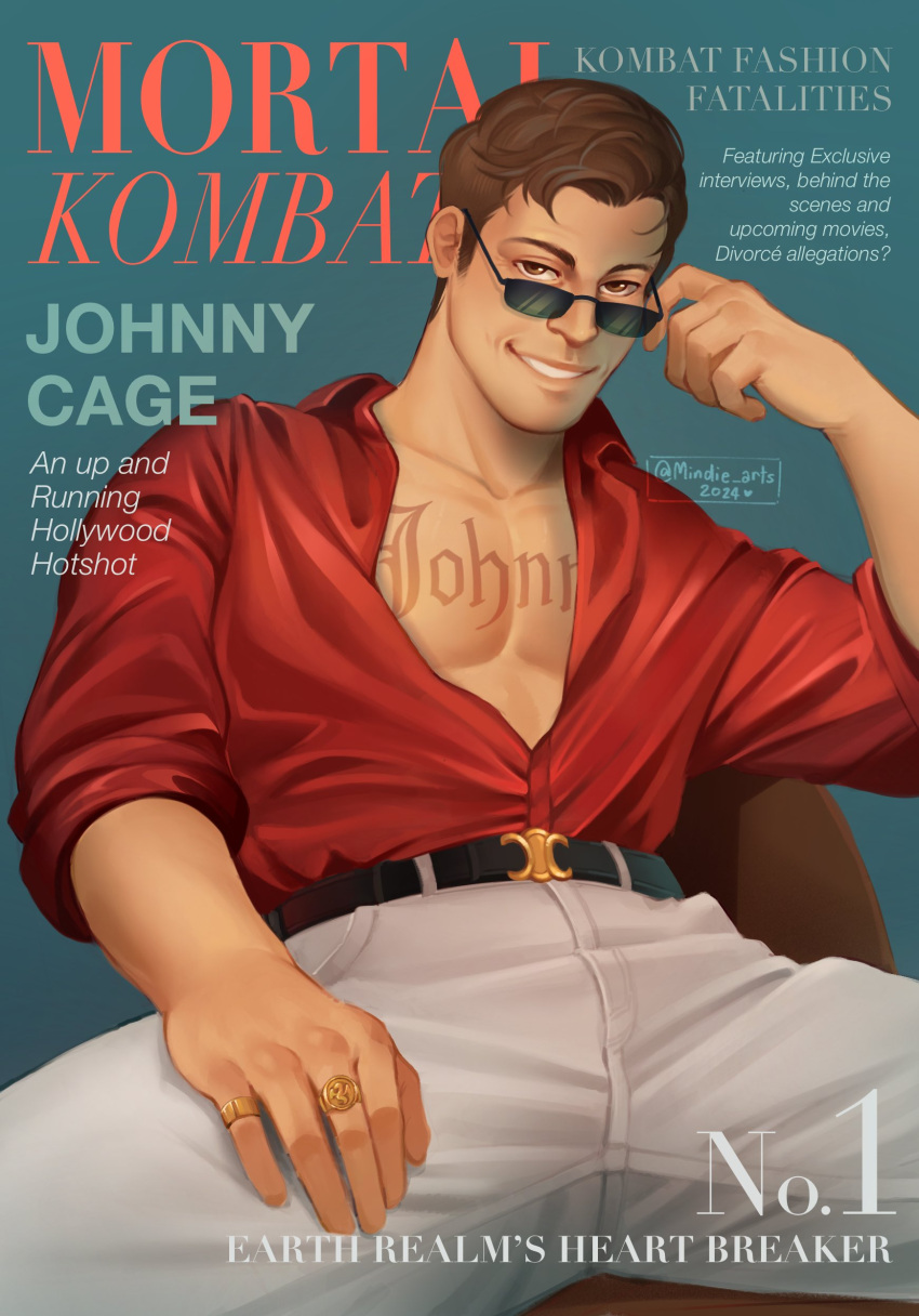 1boy absurdres bara belt black_belt brown_hair chest_tattoo collared_shirt cover english_text fake_magazine_cover highres jewelry johnny_cage large_pectorals magazine_cover male_focus mindiearts mortal_kombat_(series) mortal_kombat_1_(2023) multiple_rings muscular muscular_male pants pectorals red_shirt ring shirt short_hair sitting smile solo sunglasses tattoo teeth white_pants