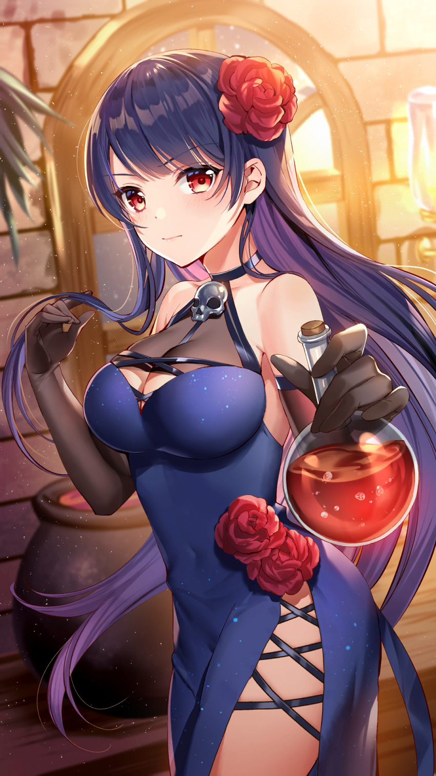 1girl artist_request bare_shoulders black_gloves blue_dress breasts cleavage cleavage_cutout closed_mouth clothing_cutout covered_navel cowboy_shot dress elbow_gloves flask flower girl_cafe_gun gloves hair_flower hair_ornament halter_dress halterneck hand_up highres holding long_hair looking_at_viewer medium_breasts official_art pelvic_curtain potion purple_hair red_eyes rose shi_wuxia sleeveless sleeveless_dress solo standing very_long_hair