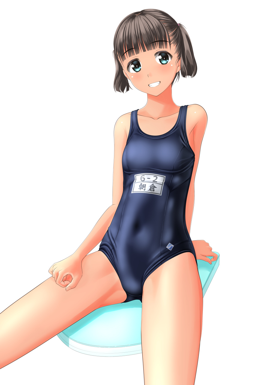 1girl absurdres black_hair blue_swimsuit breasts collarbone cowboy_shot green_eyes grin highres kickboard looking_at_viewer name_tag navel new_school_swimsuit original school_swimsuit short_hair simple_background small_breasts smile solo swimsuit takafumi tan twintails white_background