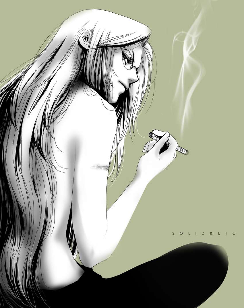 1girl absurdres artist_name cigar from_behind frown glasses green_background greyscale_with_colored_background hellsing highres holding holding_cigar indian_style integra_hellsing long_hair looking_at_viewer looking_back profile scar scar_on_arm sitting smoke solo topless toshimichi_yukari v-shaped_eyebrows