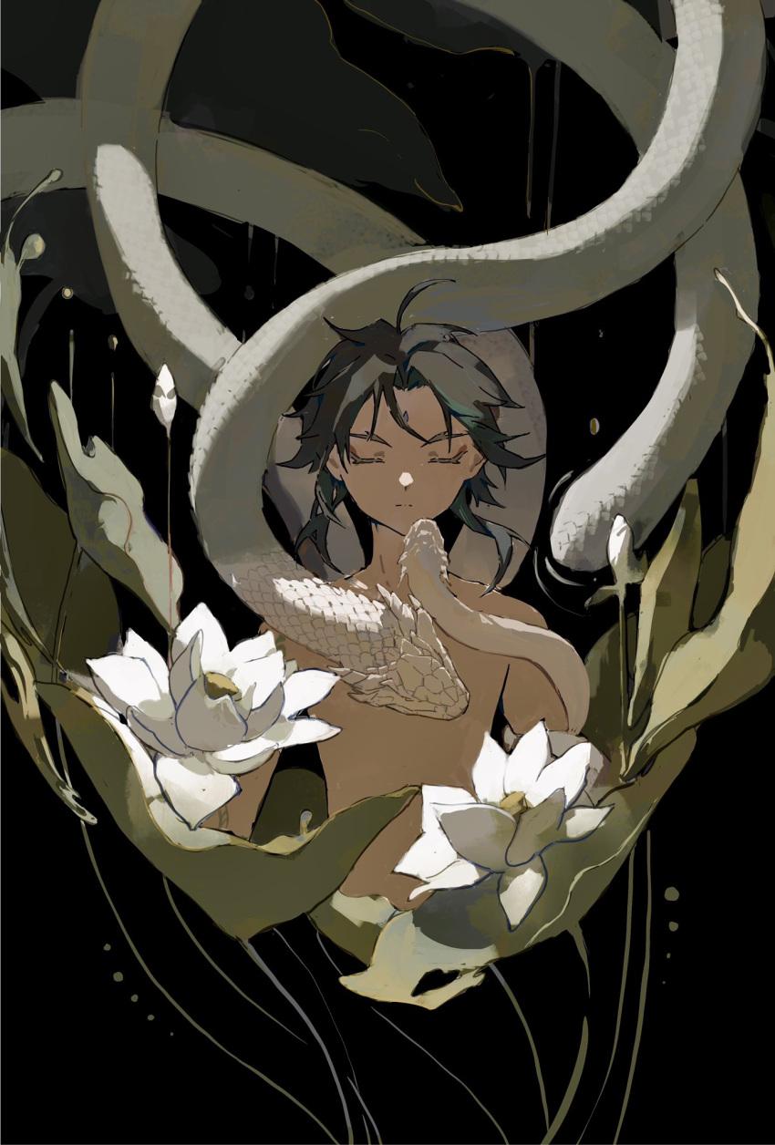 1boy black_background black_hair closed_eyes eyeshadow facial_mark flower forehead_mark genshin_impact green_hair highres makeup male_focus multicolored_hair n.s.egg red_eyeshadow sleeping snake solo upper_body white_flower white_scales xiao_(genshin_impact)