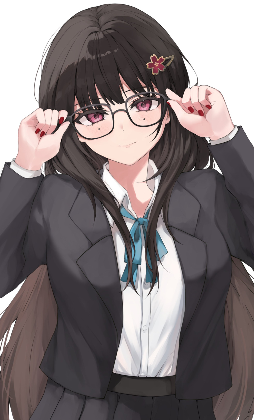 1girl absurdres black-framed_eyewear black_jacket black_skirt blazer blue_ribbon blush brown_hair closed_mouth collared_shirt cowboy_shot glasses hair_ornament hairclip hands_on_eyewear hasetsu_(hasss0113) highres honkai:_star_rail honkai_(series) jacket long_hair looking_at_viewer nail_polish neck_ribbon open_clothes open_jacket pink_eyes pleated_skirt red_nails ribbon school_uniform shirt simple_background skirt smile solo sparkle_(honkai:_star_rail) straight_hair white_background white_shirt wispy_bangs