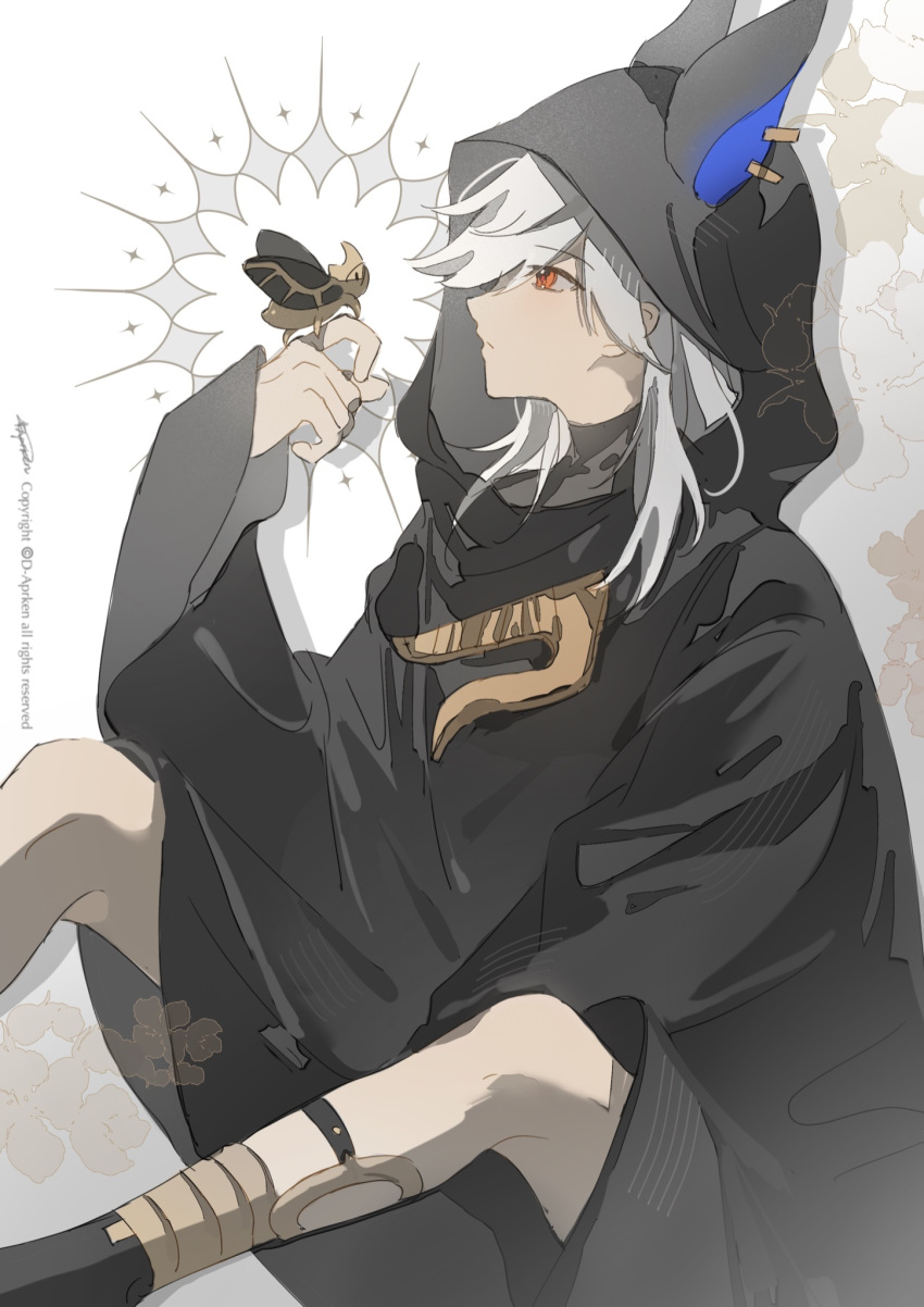 1boy animal_ear_hood animal_on_hand black_robe bug cyno_(genshin_impact) d-aprken dark-skinned_male dark_skin from_side genshin_impact highres hood hood_up looking_ahead looking_at_animal red_eyes robe simple_background sitting solo white_background white_hair