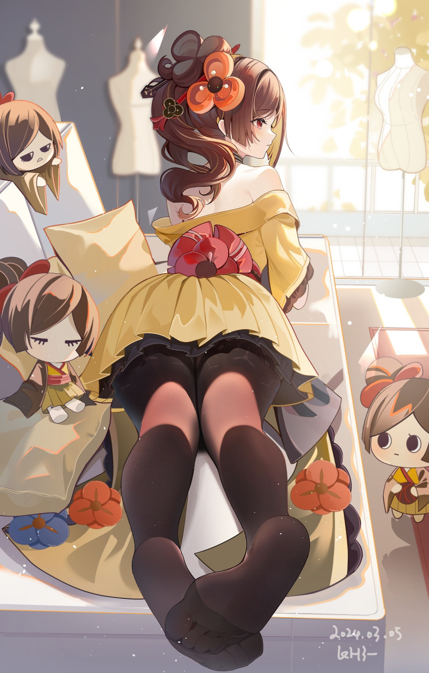 1girl ass bare_shoulders brown_eyes brown_hair brown_pantyhose character_doll chiori_(genshin_impact) commentary_request dated genshin_impact haori highres indoors japanese_clothes long_hair lying mannequin miaogujun no_shoes off_shoulder on_stomach pantyhose ponytail profile short_sleeves skirt thighs yellow_skirt