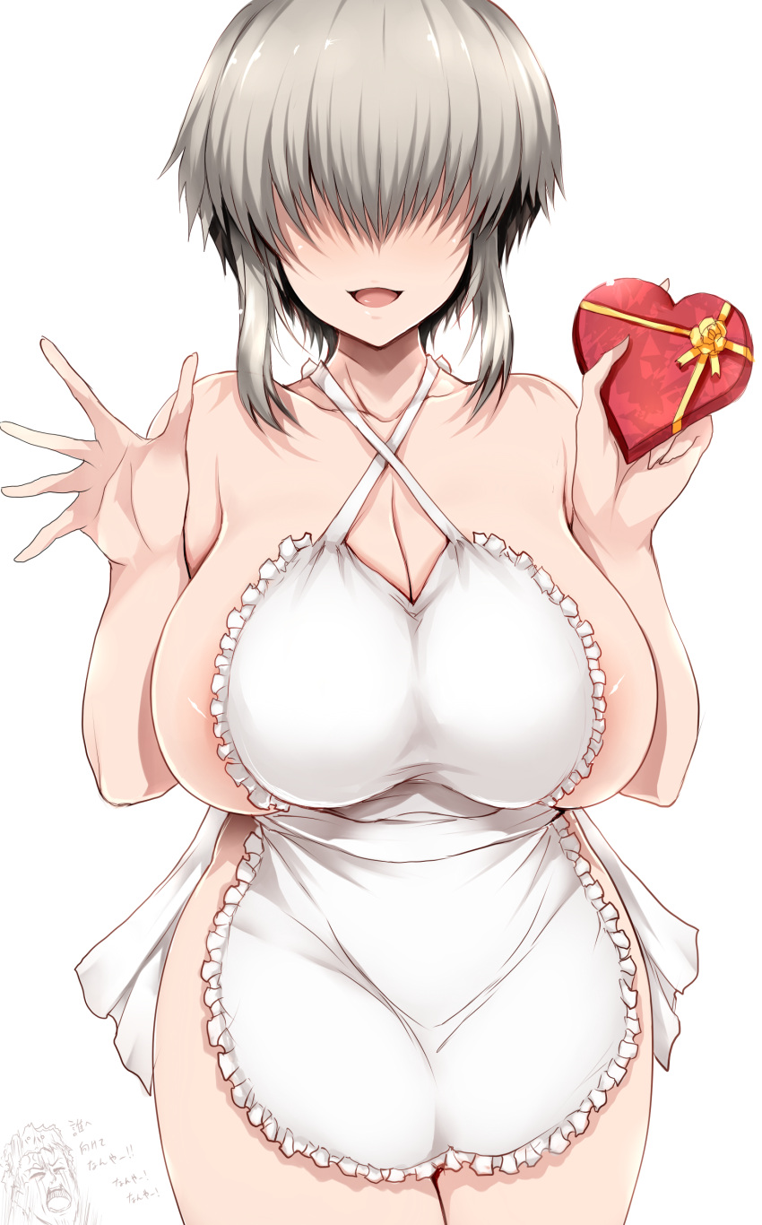 1girl absurdres apron box breasts cleavage collarbone commentary_request covered_eyes cowboy_shot facing_viewer gift grey_hair hair_over_eyes heart-shaped_box highres holding holding_gift large_breasts long_bangs medium_hair naked_apron open_hand open_mouth ribbon sidelocks simple_background solo thick_thighs thighs translation_request tsukasawa_takamatsu uzaki-chan_wa_asobitai! uzaki_yanagi white_apron white_background yellow_ribbon