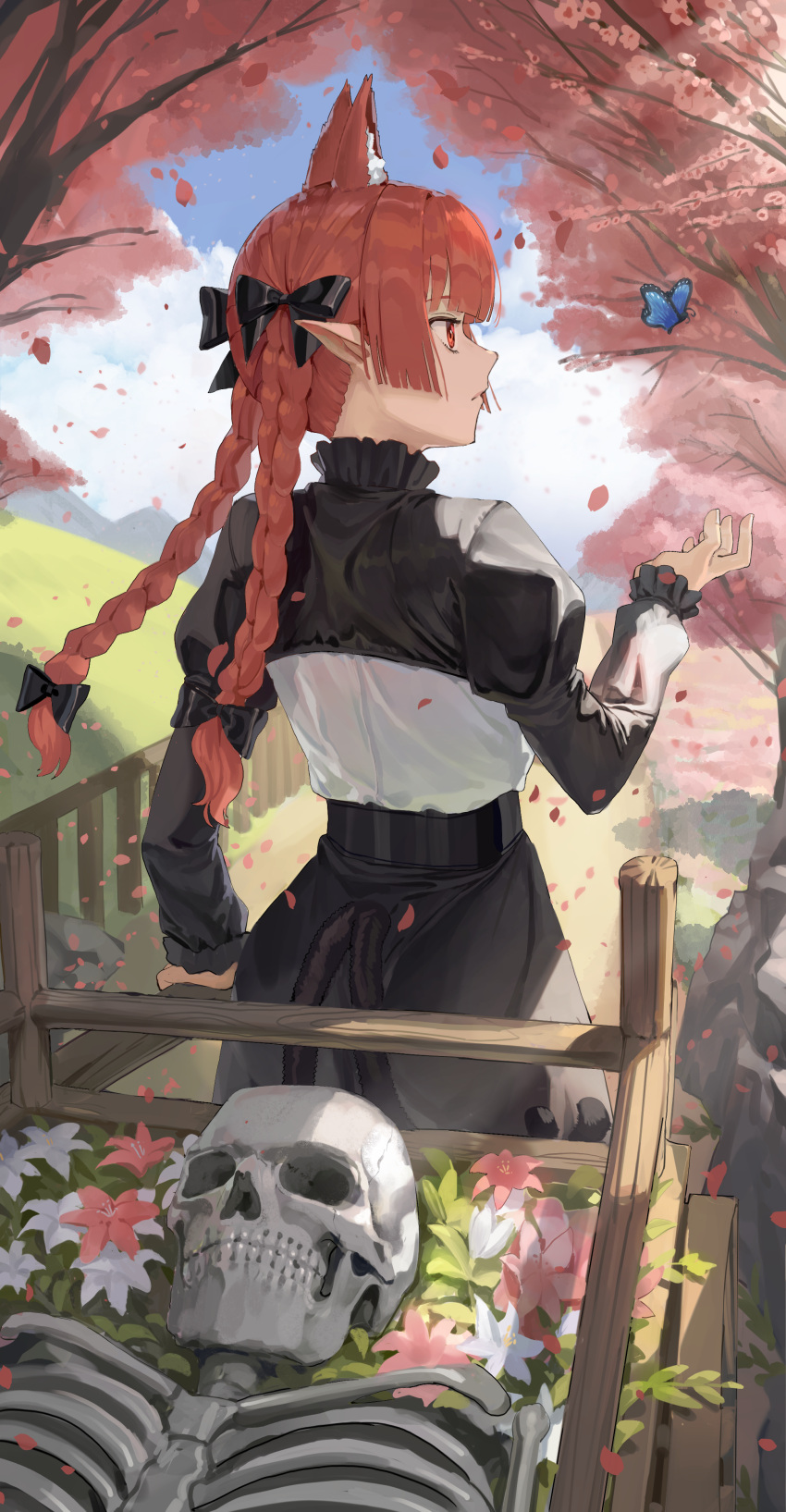1girl absurdres animal animal_ears black_dress braid bug butterfly cat_ears day dress extra_ears flower goback highres kaenbyou_rin long_hair long_sleeves outdoors petals pink_flower pointy_ears red_eyes red_hair skeleton solo touhou tree twin_braids white_flower