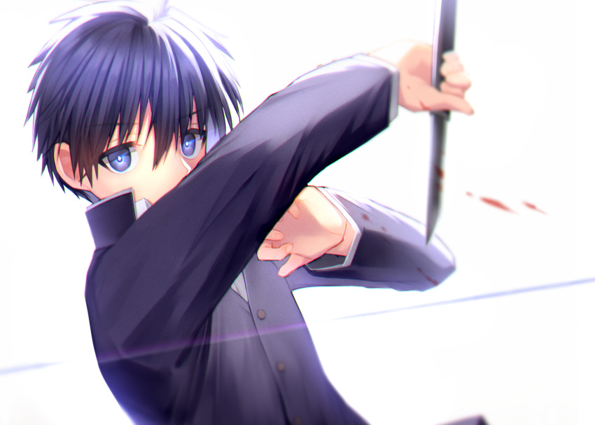 1boy bangs black_hair blue_coat blue_eyes coat eyebrows_behind_hair eyebrows_visible_through_hair highres holding holding_knife holding_weapon incoming_attack ji-logg knife school_uniform simple_background solo tohno_shiki tsukihime upper_body weapon white_background