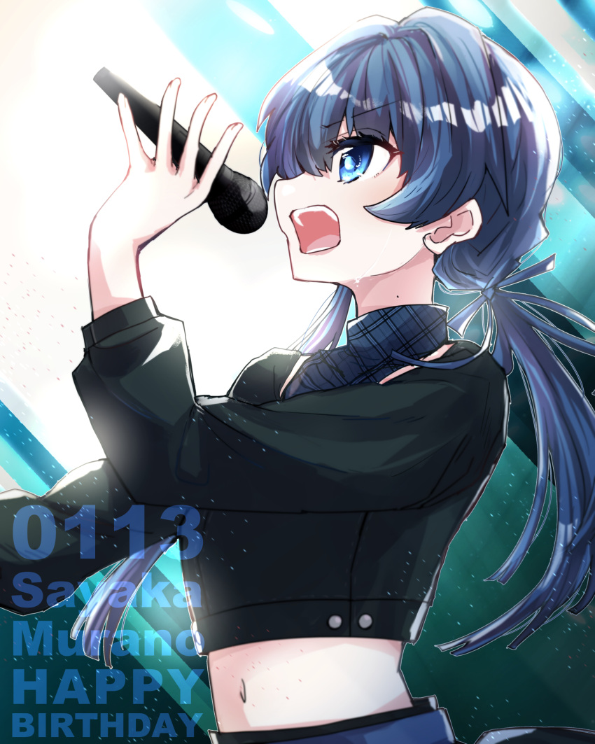 1girl black_jacket blue_eyes blue_hair blue_ribbon blue_shirt character_name commentary_request cropped_jacket dark_blue_hair dated from_side hair_ribbon happy_birthday highres holding holding_microphone jacket kanduki_kamibukuro link!_like!_love_live! long_hair long_sleeves looking_afar love_live! low_twintails microphone midriff mole mole_on_neck murano_sayaka music navel open_mouth plaid plaid_shirt ribbon shirt singing solo teeth twintails v-shaped_eyebrows