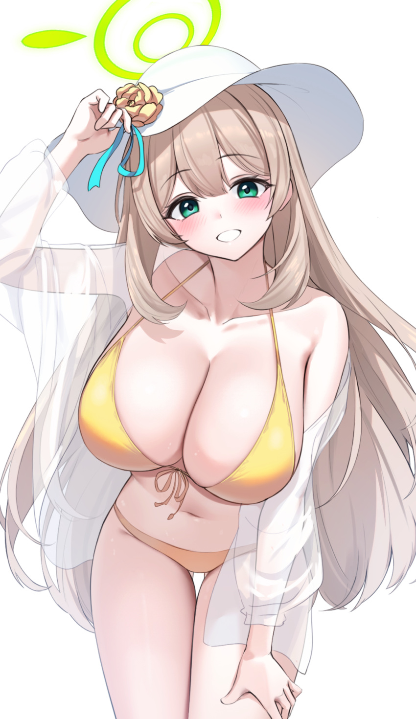 1girl arm_up bare_shoulders bikini blonde_hair blue_archive breasts cleavage collarbone cowboy_shot front-tie_bikini_top front-tie_top g_home green_eyes grin halo halterneck hand_on_own_thigh hat highres huge_breasts leaning_forward long_hair looking_at_viewer navel nonomi_(blue_archive) nonomi_(swimsuit)_(blue_archive) off_shoulder official_alternate_costume see-through smile solo standing stomach string_bikini sun_hat swimsuit thigh_gap thighs very_long_hair white_headwear yellow_bikini