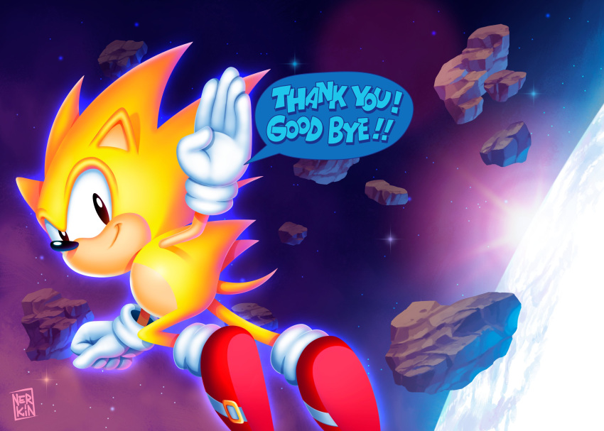 absurdres artist_name dragon_ball dragon_ball_z gloves highres looking_at_viewer looking_back nerkinpixel planet red_footwear scene_reference shoes sonic_(series) sonic_the_hedgehog sonic_the_hedgehog_(classic) space sun super_sonic thank_you white_gloves yellow_fur