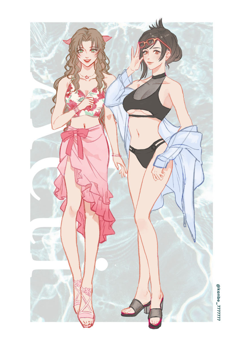 2girls aerith_gainsborough alternate_costume alternate_hairstyle bare_shoulders bikini black_bikini black_footwear black_hair border bracelet breasts brown_hair choker cleavage eyewear_on_head final_fantasy final_fantasy_vii final_fantasy_vii_rebirth final_fantasy_vii_remake floral_print flower_choker frilled_skirt frills full_body green_eyes hair_ribbon highres jewelry kanbe_7777777 large_breasts looking_at_viewer medium_breasts midriff multiple_girls navel open_mouth parted_bangs pink_footwear pink_ribbon pink_sarong pink_skirt print_shirt red_eyes ribbon sandals see-through see-through_shirt shirt shirt_partially_removed sidelocks skirt smile swept_bangs swimsuit tifa_lockhart twitter_username underboob updo wavy_hair white_border