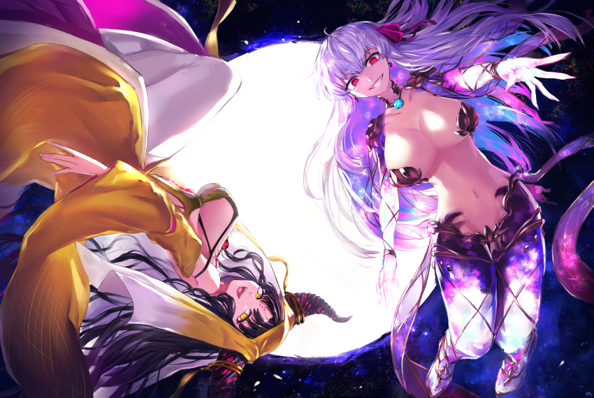 2girls absurdres black_hair blunt_bangs breasts demon_girl demon_horns dress fate/grand_order fate_(series) floating_hair full_body gradient_skin grin halo highres horns kama_(beast_iii/l)_(fate) kama_(fate) kansya large_breasts long_hair looking_at_viewer multiple_girls navel red_eyes revealing_clothes sessyoin_kiara sessyoin_kiara_(beast_iii/r) smile upside-down very_long_hair yellow_dress