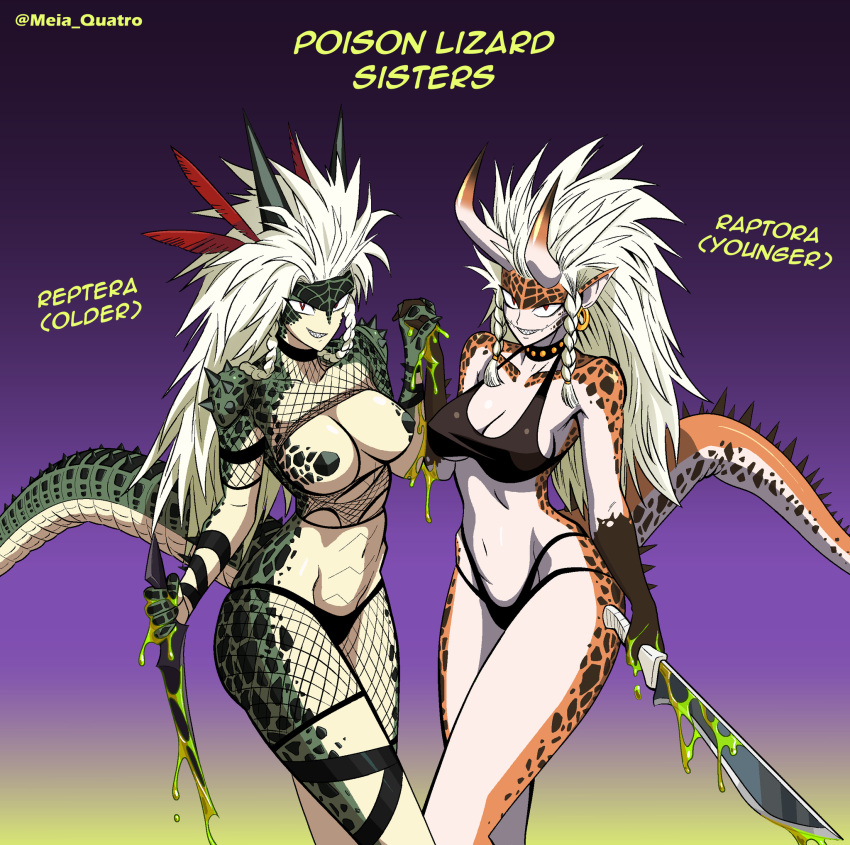 abs anthro bikini bikini_top breasts clothed clothing coated collar duo ear_piercing ear_ring featureless_breasts female fishnet_clothing green_body green_scales hair hand_holding hi_res holding_knife holding_object horn humanoid knife long_hair machete meia_quatro melee_weapon monster monster_girl_(genre) navel nipple_outline one-punch_man one_(manga) orange_body orange_scales piercing poison raptora reptera reptile ring_piercing scales scalie sibling_(lore) snaggle_tooth swimwear tail topless under_boob weapon