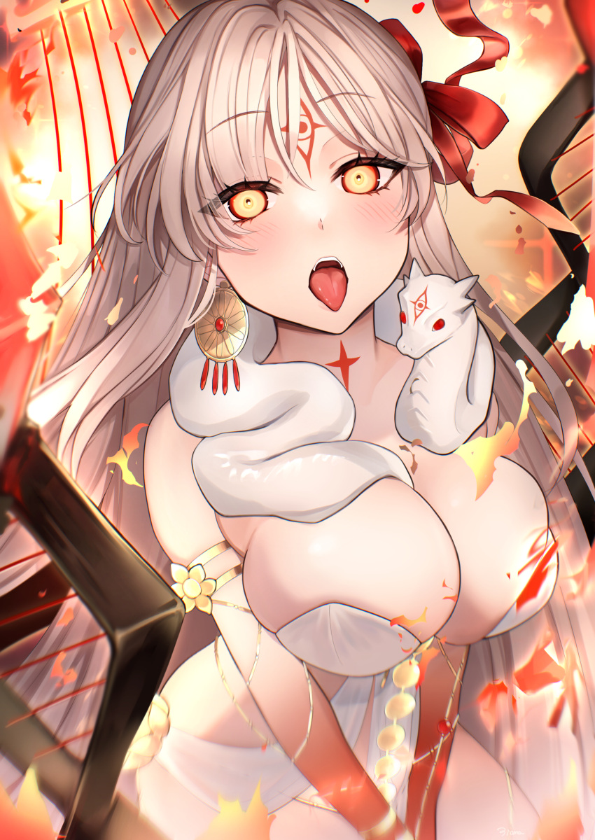 1girl absurdres armlet bare_shoulders belly_chain blush body_markings bracelet breasts character_name cleavage colored_skin dress durga_(fate) earrings facial_mark fate/grand_order fate_(series) fire flower forehead_mark fufufu_hehehe gradient_skin grey_hair hair_ribbon highres jewelry large_breasts long_hair looking_at_viewer open_mouth orange_eyes pelvic_curtain red_skin revealing_clothes ribbon sash snake solo tongue tongue_out variant_set very_long_hair weapon white_dress