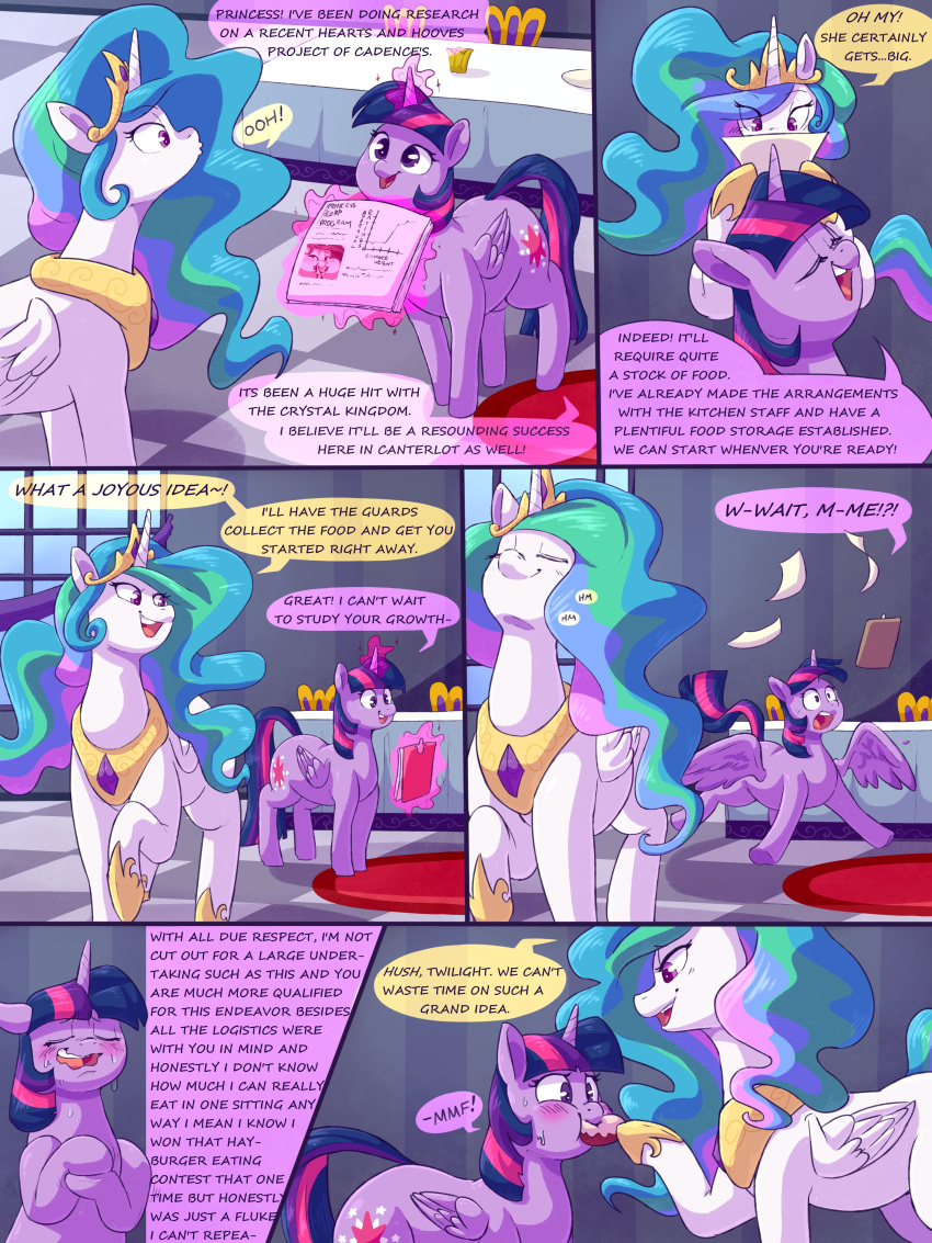 absurd_res blush comic dialogue dufel duo eating eating_food equid equine female feral force_feeding forced friendship_is_magic hasbro hi_res horse mammal my_little_pony pony princess_celestia_(mlp) speech_bubble talking_to_another twilight_sparkle_(mlp)