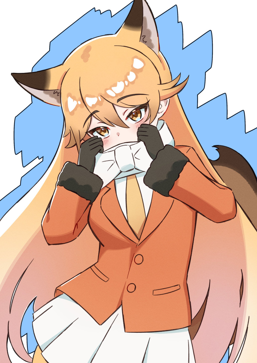 1girl absurdres animal_ears blush bow bowtie brown_fur covering_face cowboy_shot extra_ears ezo_red_fox_(kemono_friends) fox_ears fox_girl fox_tail fur_gloves fur_trim hair_between_eyes highres jacket kemono_friends long_hair long_sleeves multicolored_hair nak0nak necktie orange_eyes orange_hair orange_jacket orange_necktie pleated_skirt shirt sidelocks skirt solo tail white_bow white_bowtie white_shirt white_skirt