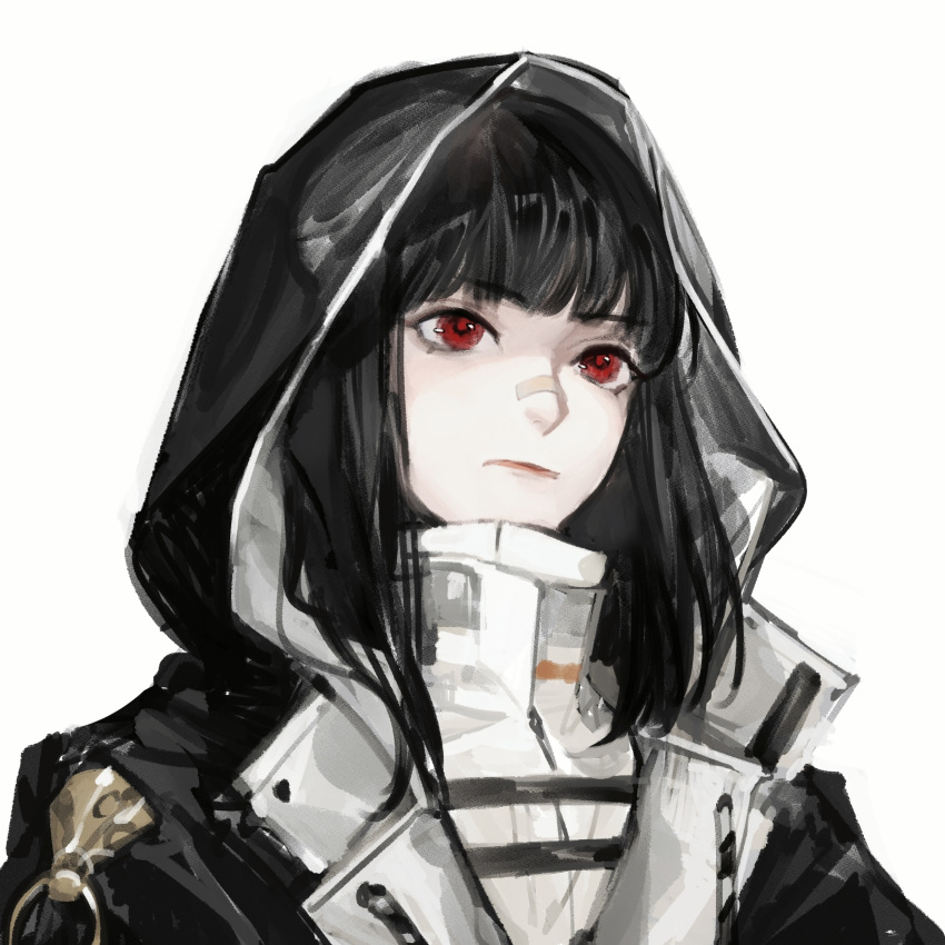 1girl absurdres bandaid bandaid_on_face bandaid_on_nose black_hair black_jacket blunt_bangs chinese_commentary commentary high_collar highres hood hood_up hooded_jacket jacket k.k._(path_to_nowhere) path_to_nowhere red_eyes shirt simple_background solo turtleneck_shirt upper_body white_background white_shirt zhao_junjun