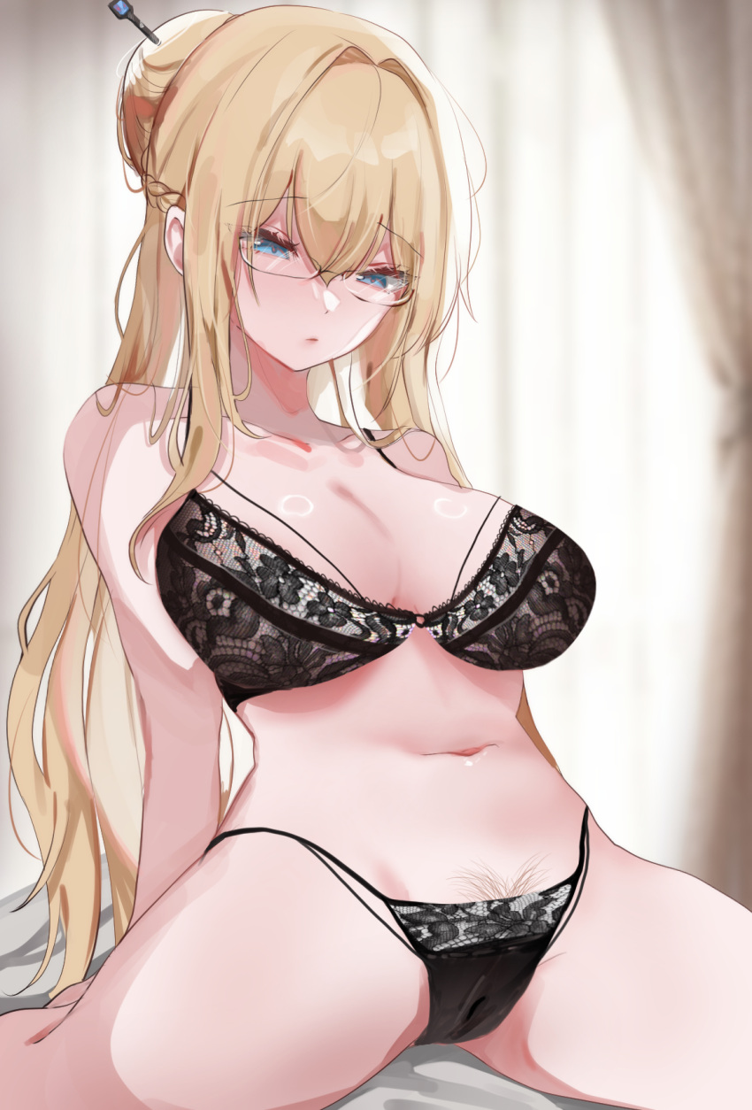 1girl :o black_bra black_panties blonde_hair bra breasts cameltoe collarbone dolechan dungeon_and_fighter female_gunner_(dungeon_and_fighter) female_mechanic_(dungeon_and_fighter) female_pubic_hair glasses hair_bun hair_ornament hair_stick highres lace lace_bra large_breasts lingerie long_hair navel panties pubic_hair pubic_hair_peek rimless_eyewear sidelocks single_hair_bun sitting solo stomach underwear underwear_only very_long_hair