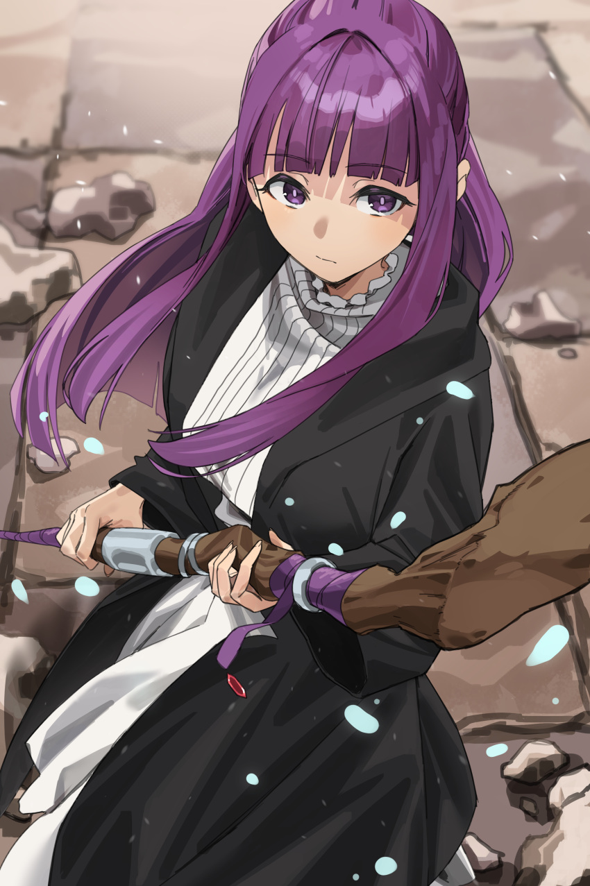 1girl absurdres black_coat black_robe blunt_bangs coat dress expressionless fern_(sousou_no_frieren) hands_up highres holding holding_staff lewdrawings long_hair long_sleeves looking_at_viewer mage_staff open_clothes open_coat outdoors petals purple_eyes purple_hair robe rubble solo sousou_no_frieren staff straight_hair upper_body white_dress